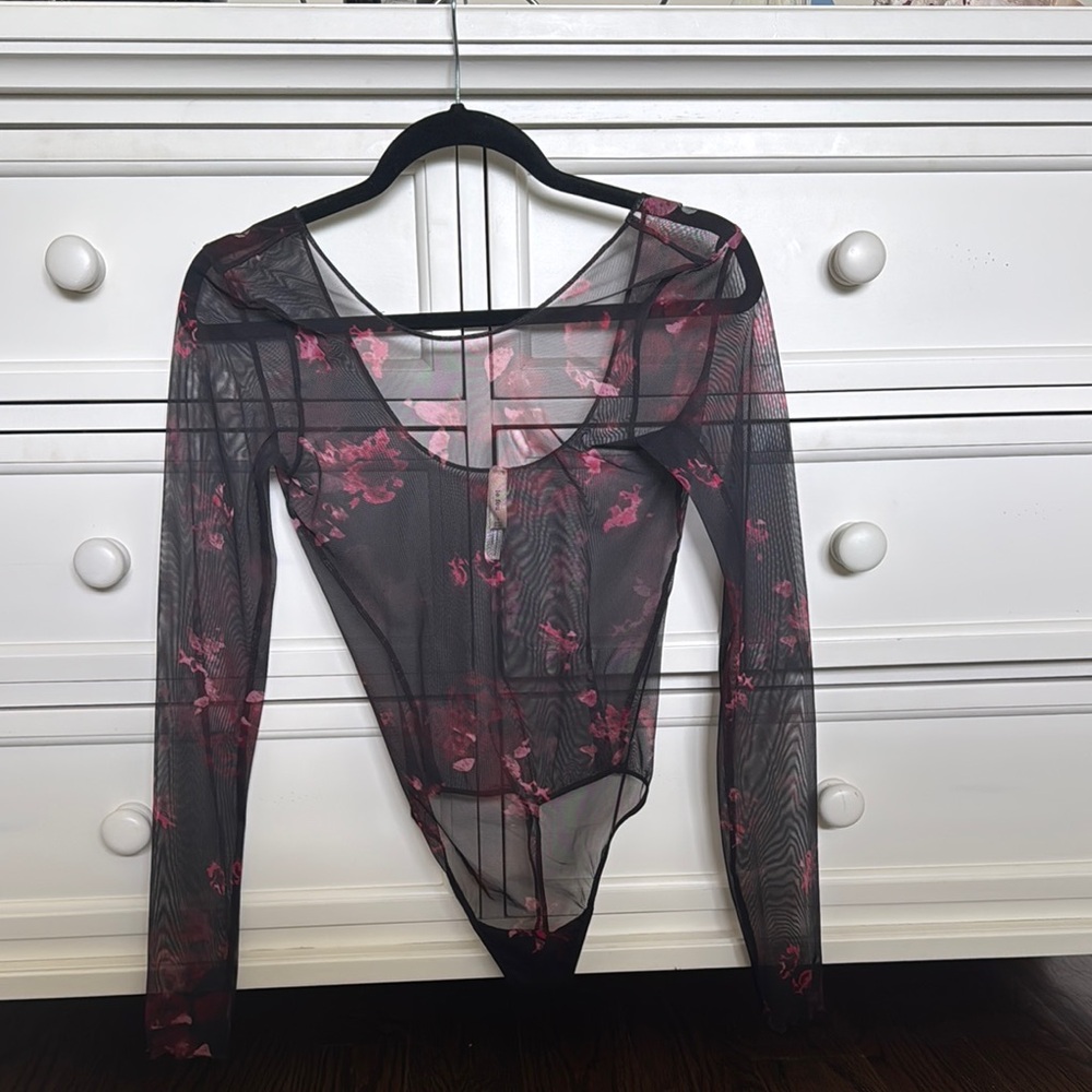 Aritzia Black and Pink Sheer Cut Out Bodysuit